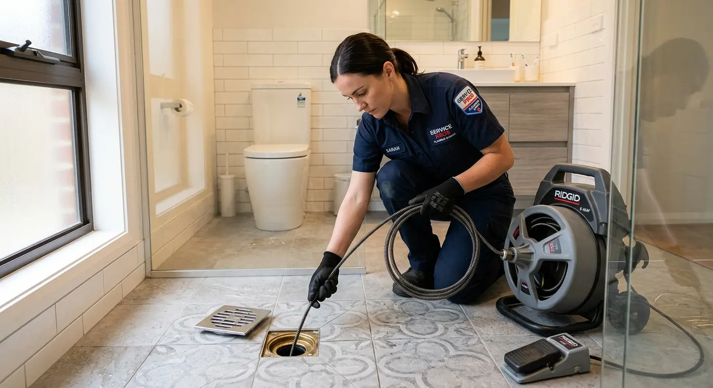 Technician clearing a bathroom floor drain for Hydro Jetting in Homewood